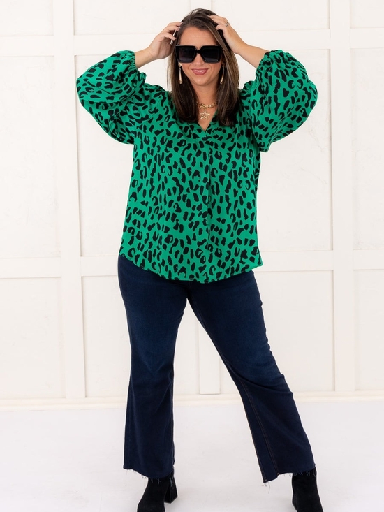 SHEIN Tops - Green Animal Print V-Neck Long Sleeve Top